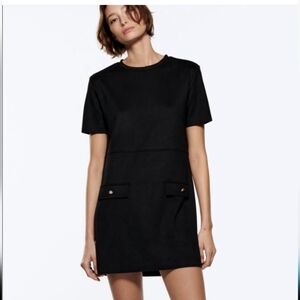Zara Black Gold Button Sheath Dress Faux Suede Size S